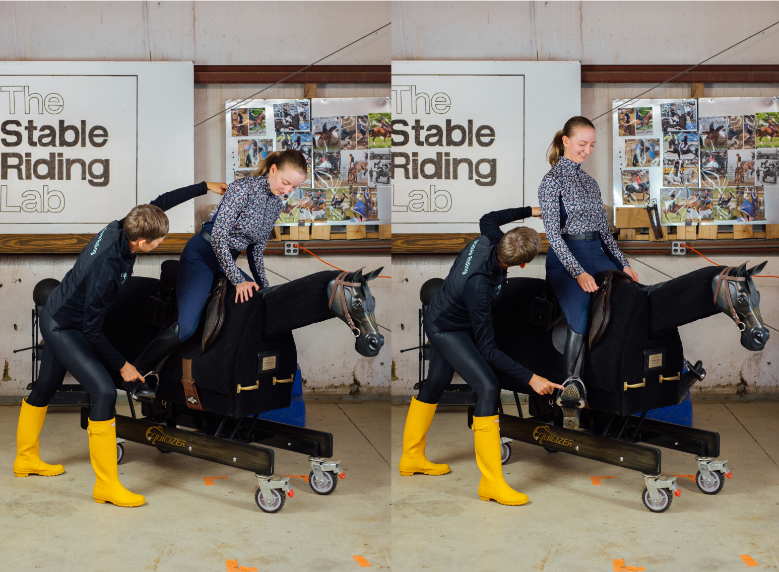 Solange helps a rider adjust their posture on the equisizer tool